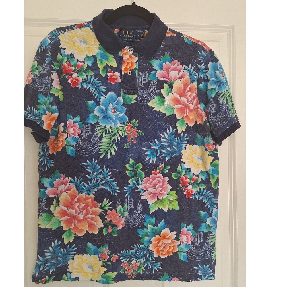 Polo Ralph Lauren Mens Classic Fit Tropical Floral Crest Polo Shirt Navy‎ Blue M